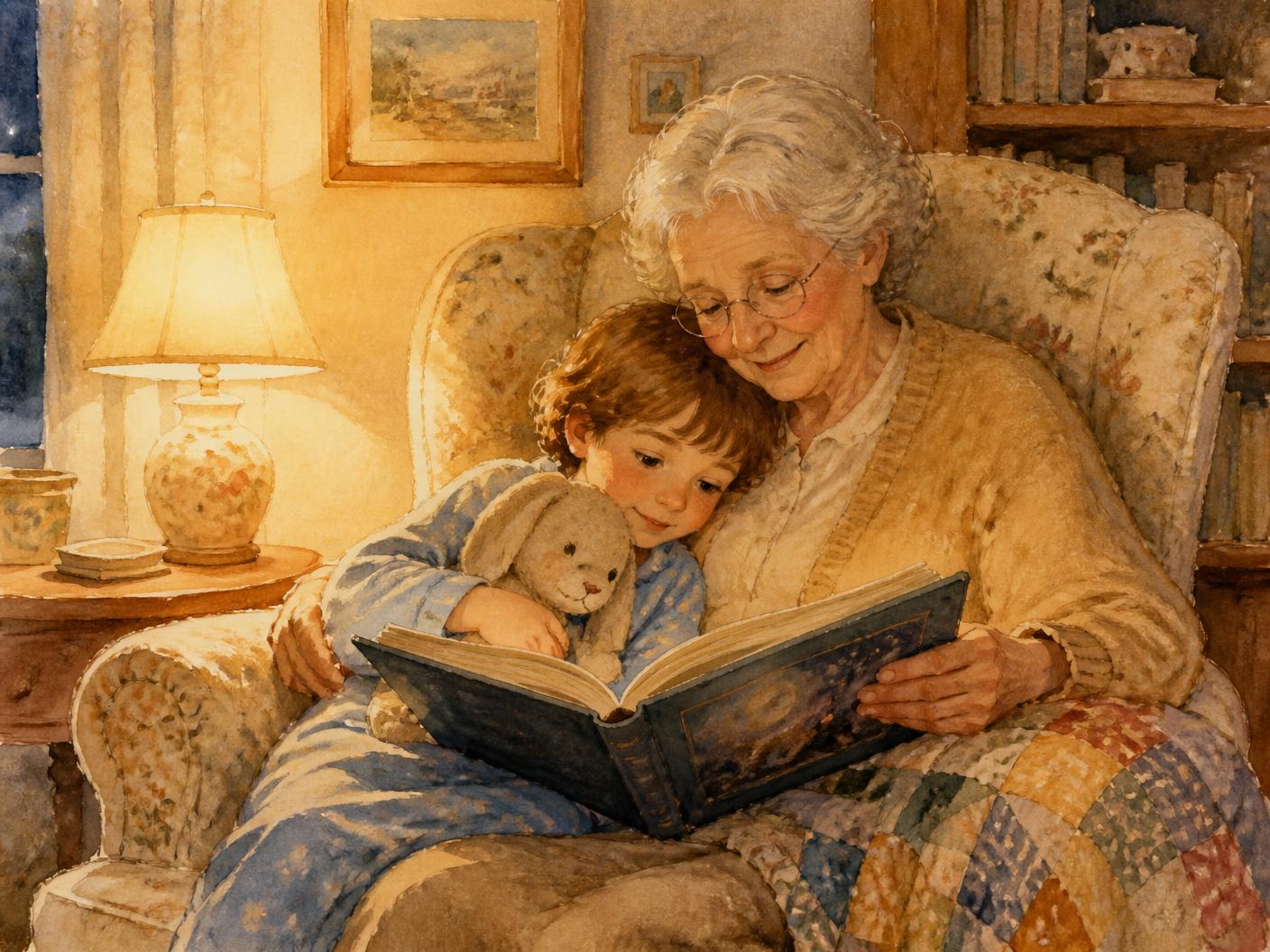 A grandparent and a small child in pyjamas reading a hardcover storybook together by lamplight, a worn stuffed rabbit tucked under the child's arm
