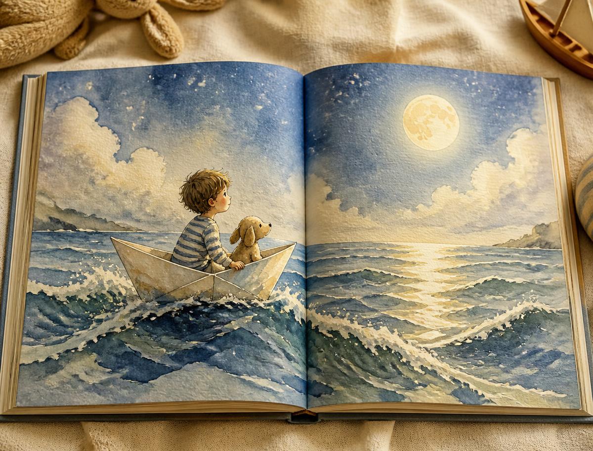 An open storybook showing a child sailing a paper boat by moonlight with a small companion